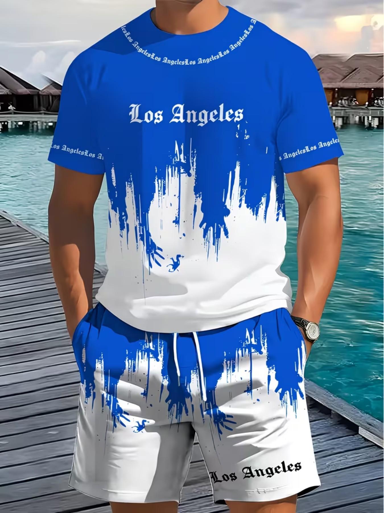 Men's Casual 2-Piece Set, Los Angeles Letter Print Short Sleeve + Shorts, Breathable Soft Summer with Drawstring Pockets