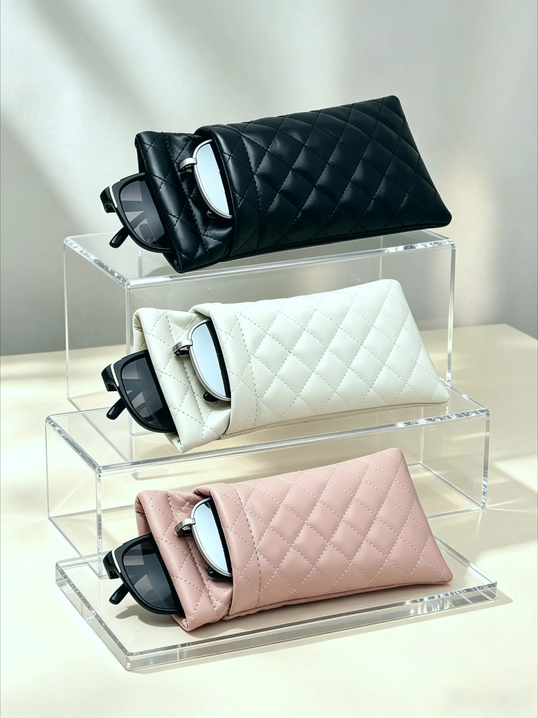 Luxury Rhombus Pattern Eyeglass Case, PU Soft Leather Vintage Style, Portable Pressure-Resistant, Holds Glasses, Lipstick, Earphones, Ultra Practical