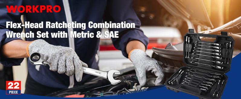 #JumpstartSale WORKPRO 22-Count Ratcheting Wrench Set, Flex-Head Ratchet Combination Wrench Sets with Organizer Box, 72 Teeth, Metric 6-18mm & SAE 1/4-3/4"