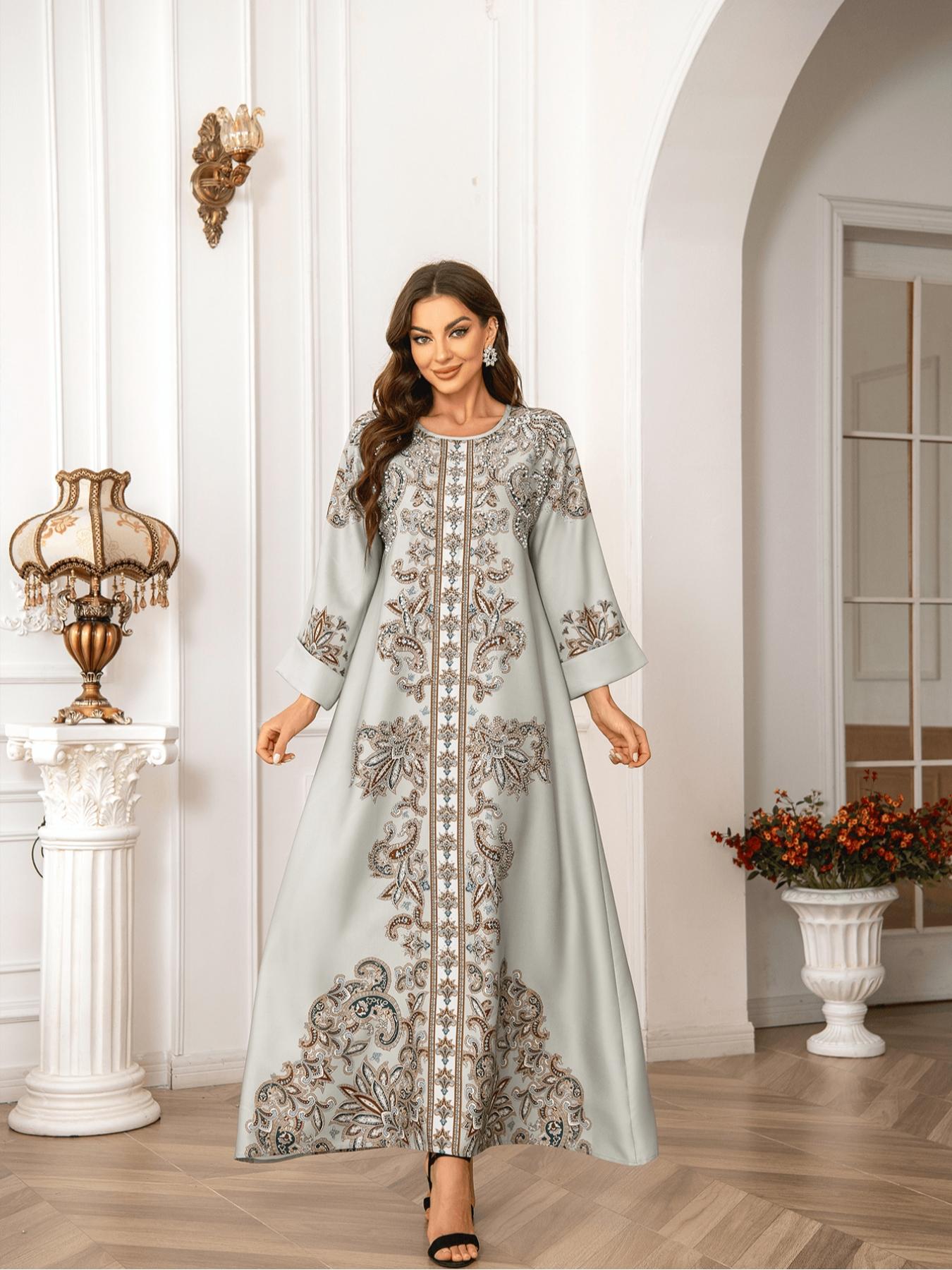 Elegant Boho Muslim Women's Long Robe, All over Print, Loose-Fitting, Round Neck, Flap Sleeves, Long Sleeve, All Seasons