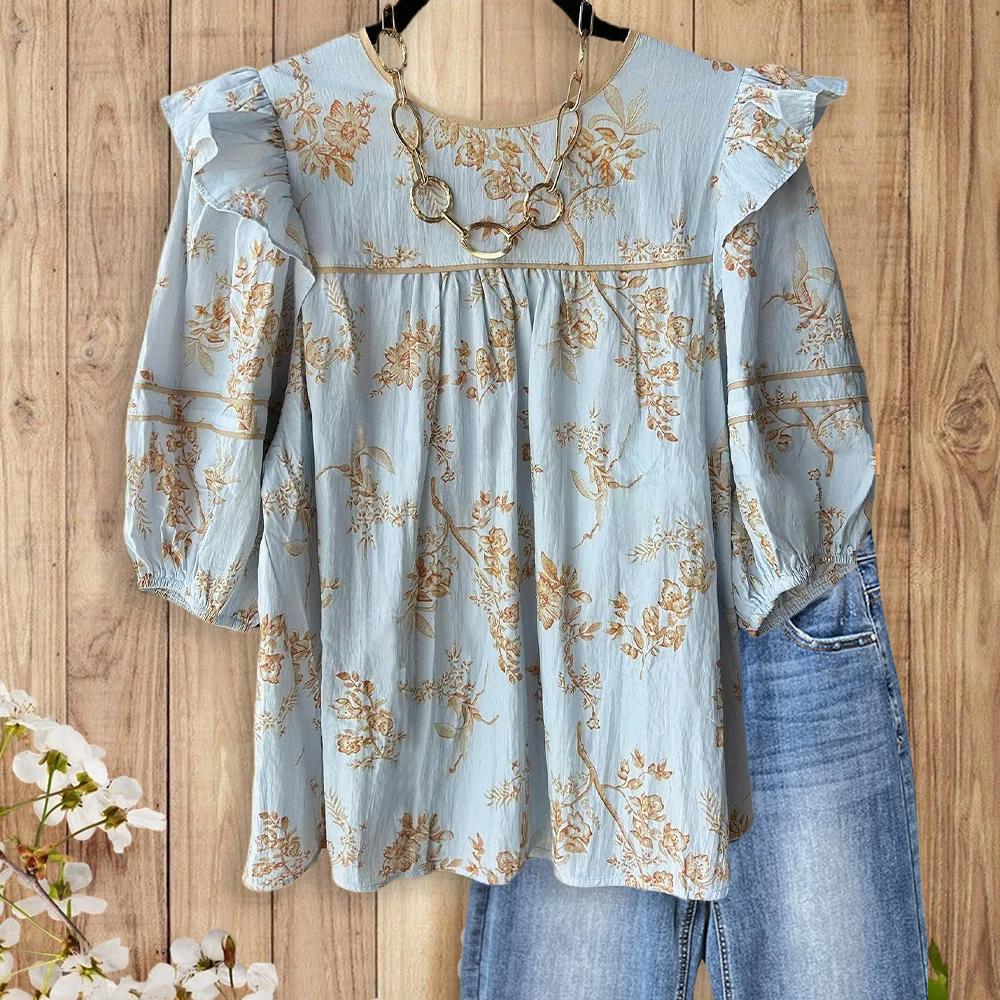 SageVell Boho Floral Blouse with Ruffled Shoulders, Puff Sleeves & Front Panel Design, Perfect for Weekend Outings SpringStatements SageVell Boho Floral Blouse with Ruffled Shoulders, Puff Sleeves & Front Panel Design, Perfect for Weekend Outings SpringStatements