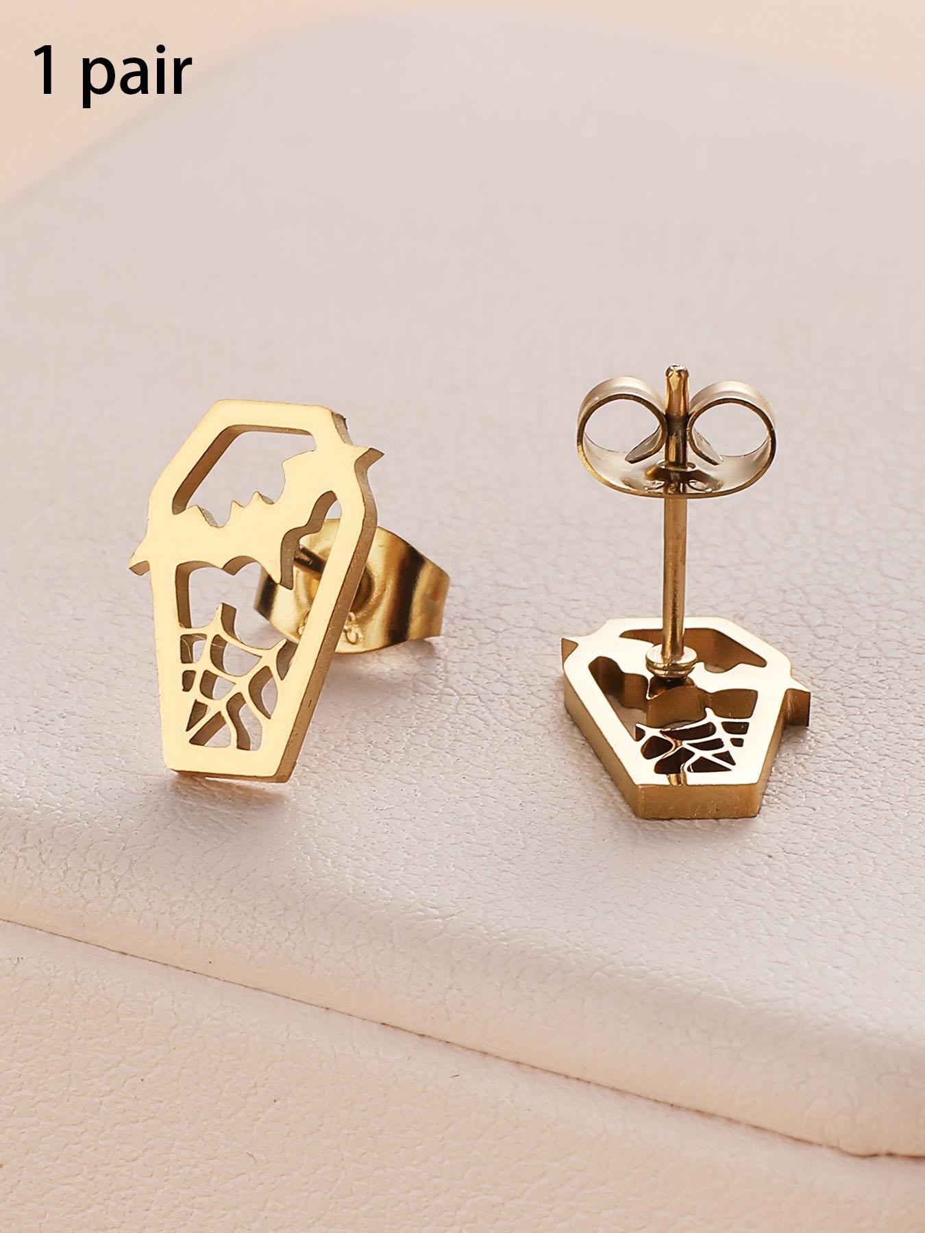 Unisex Silver Stainless Steel Gothic Bat-Coffin Stud Earrings - Witchy Spooky Jewelry, 1 Size, Lightweight Hypoallergenic, Fashionable Jewelry Accessories, Coffin Shape Halloween Fashion Accessory