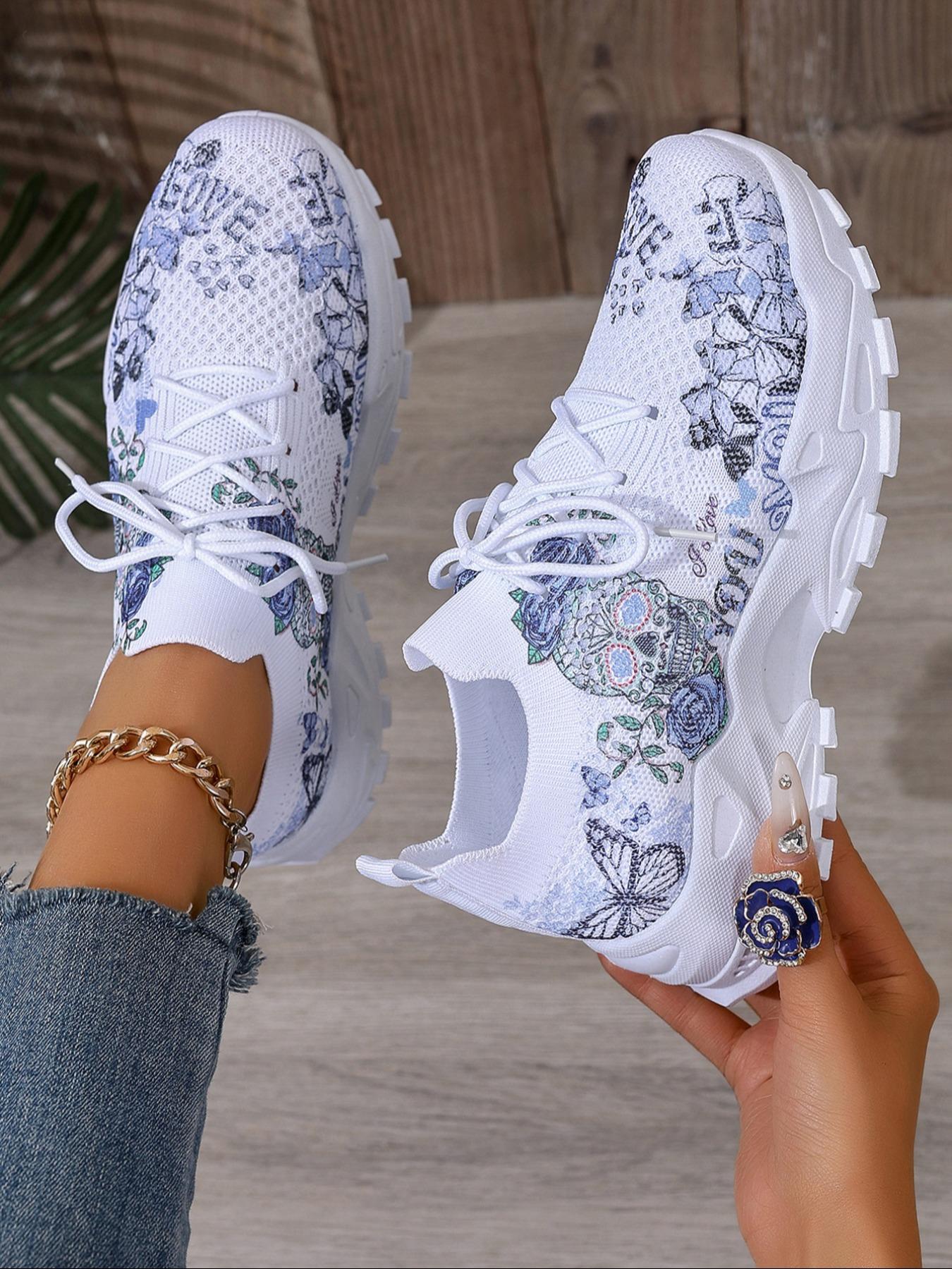 Women's Fashionable Floral Print Lace Up Low Top Sneakers, 2024 New Style Casual Comfortable Breathable Sports Running Shoes, All-match Basic Shoes for Daily Wear