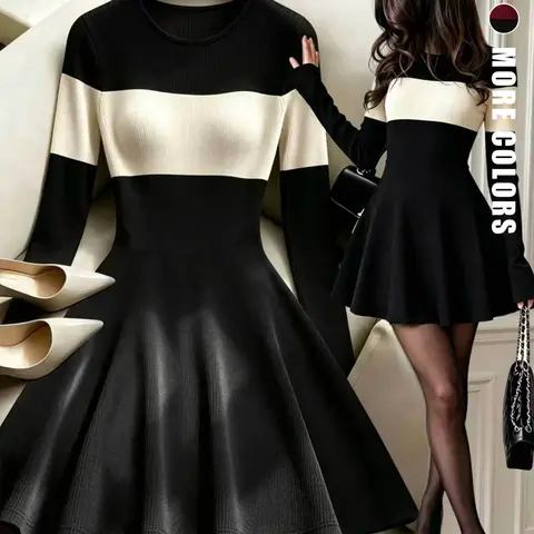 Chic Colorblock Midi Dress, Round Neck Long Sleeve, Waist Cinched A-Line Skirt, Textured Fabric, Perfect for Dates and Office Wear