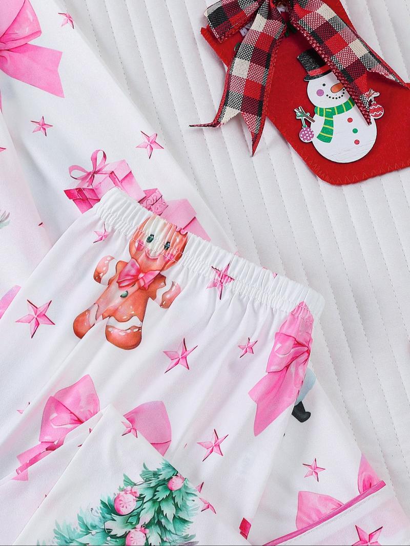 Christmas Limited Edition Pink Santa Claus Pattern Children's Skin-Friendly Sleepwear Two-Piece Set, Flameardant Fabric Comfortable Autumn and Winter Thin Collar Shirt Long Sleeve Pants Set, Sweet Pink Print with Christmas Santa Cl, Pajamas Christmas