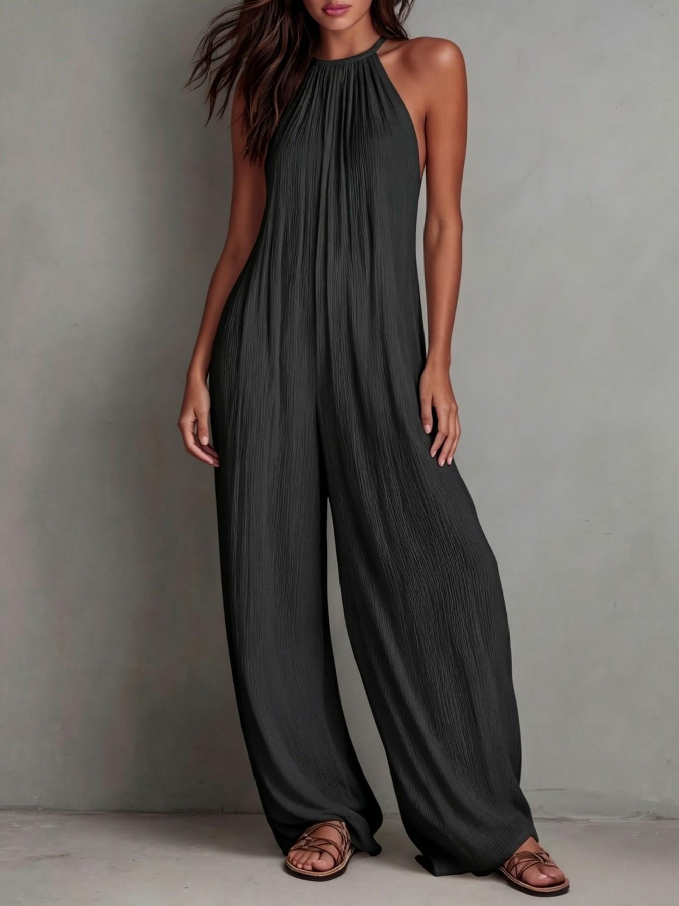 2026 New Fashion Halter Neck Sleeveless Solid Color Ruched Back Wide Leg Romper Jumpsuit, High-End Resort Style Casual Loose Fit Long Pants, Suitable for Work and Daily Outing