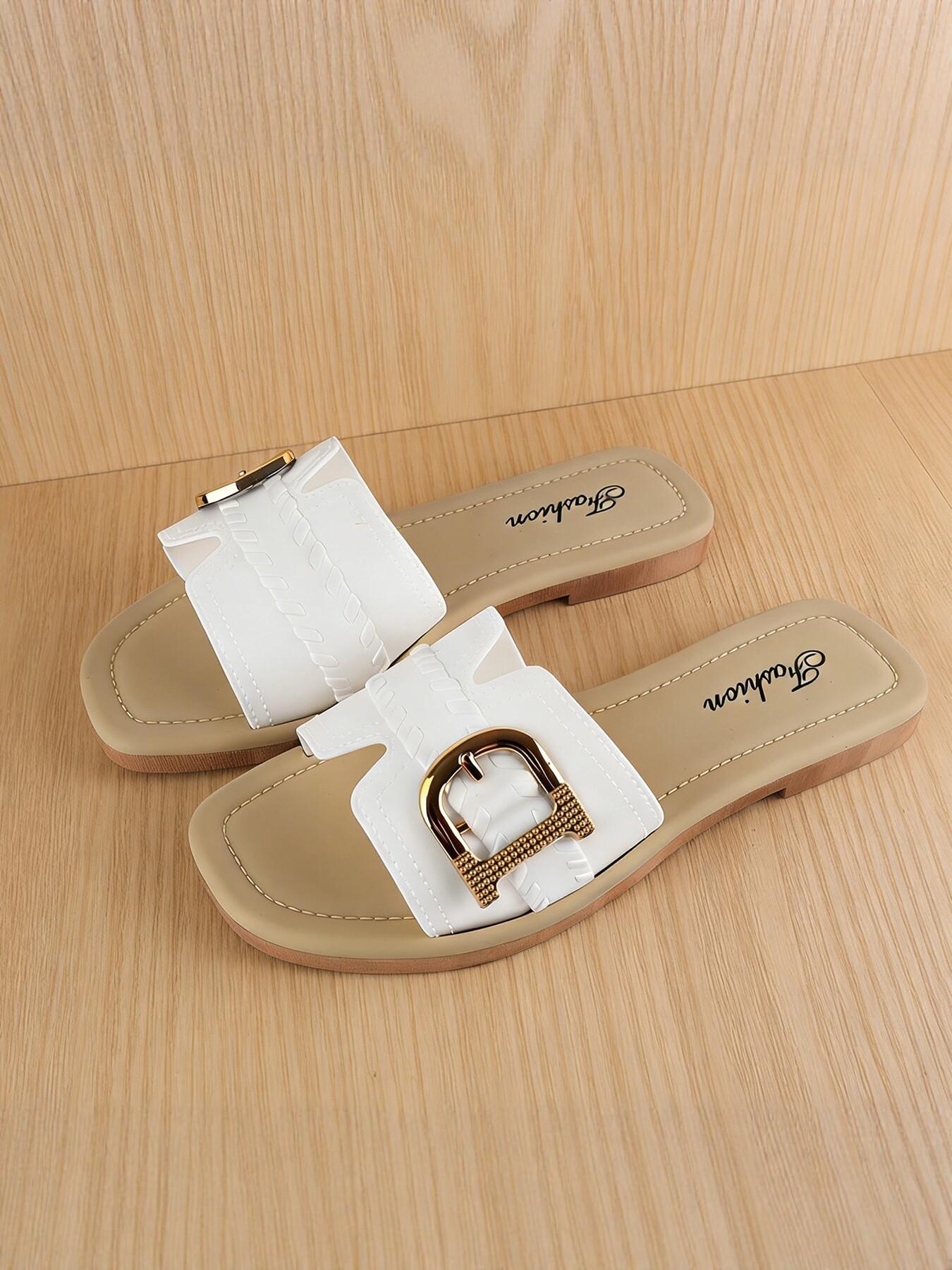 Women's Decorative Buckle Sandals, Flat Casual Open-Toe Slippers, Lightweight Non-Slip, Ideal for Daily Wear, Outdoor Shopping, Beach