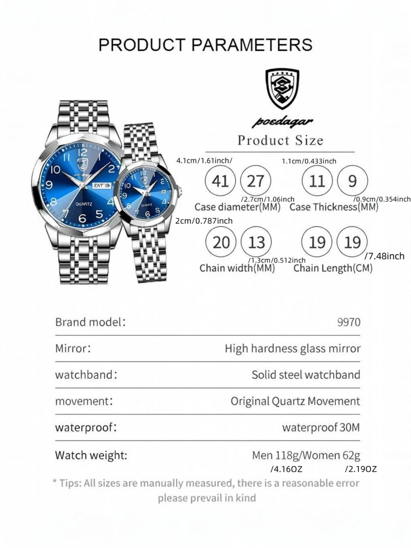POEDAGAR Fashion Couple Watch Trendy Original Couple Watch Waterproof Night Light Date Weekly Calendar Quartz Watch Fashionable Watches Daily Matching Festival Birthday Gift