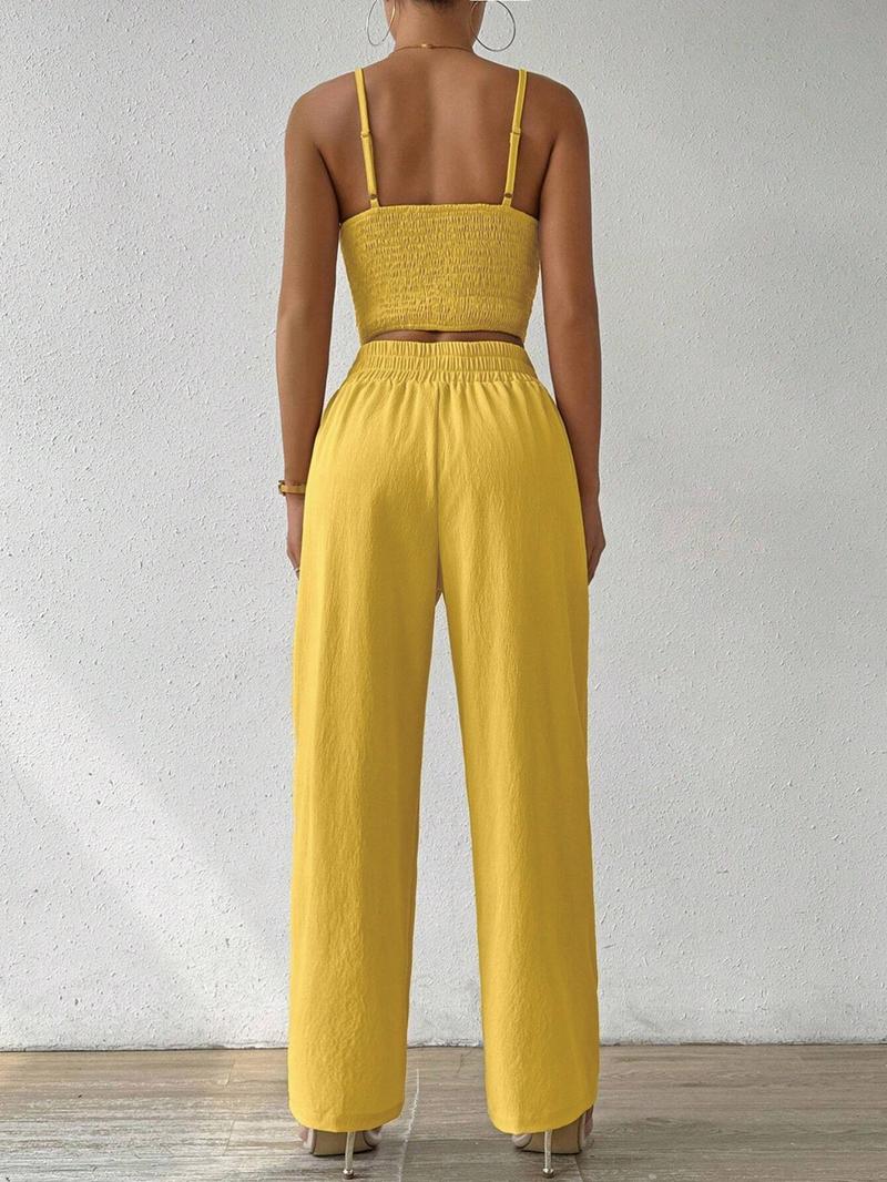 Women's Solid Crop Cami Top & Wide Leg Pants Two-piece Set, Casual Comfy Two Piece Outfits for Daily Wear, Ladies Clothes for All Seasons