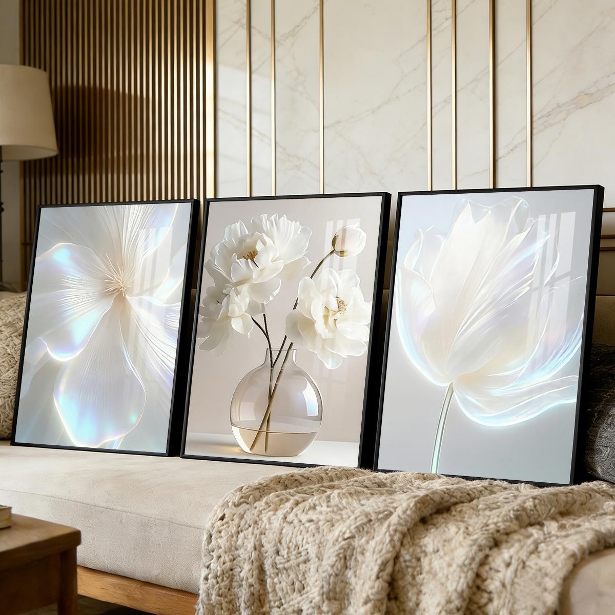 3 Counts Aluminum Alloy Framed Painting, White Floral Vase Artwork, Home Decoration For Living Room, Bedroom, Office, Restaurant, Hallway Wall Decor, Odorless Print Artwork, Luxury Perfect Gift For Friends And Family