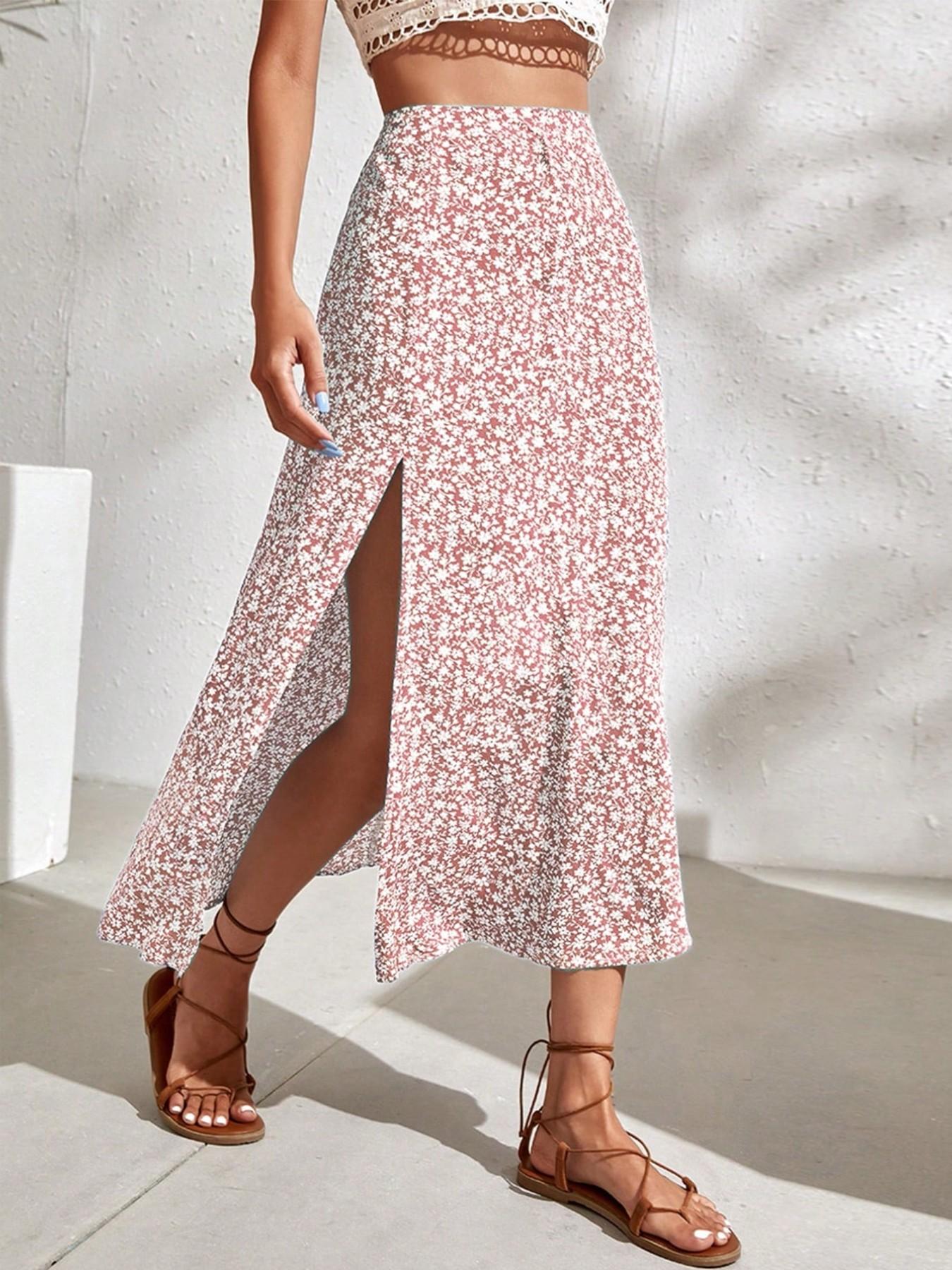 Women's Ditsy Floral Print Split Thigh A Line Skirt, Boho Bohemian Casual High Waist Midi Skirt for Beach Holiday Vacation, Summer Outfits 2024, Ladies Summer Clothes, Womenswear Bottom