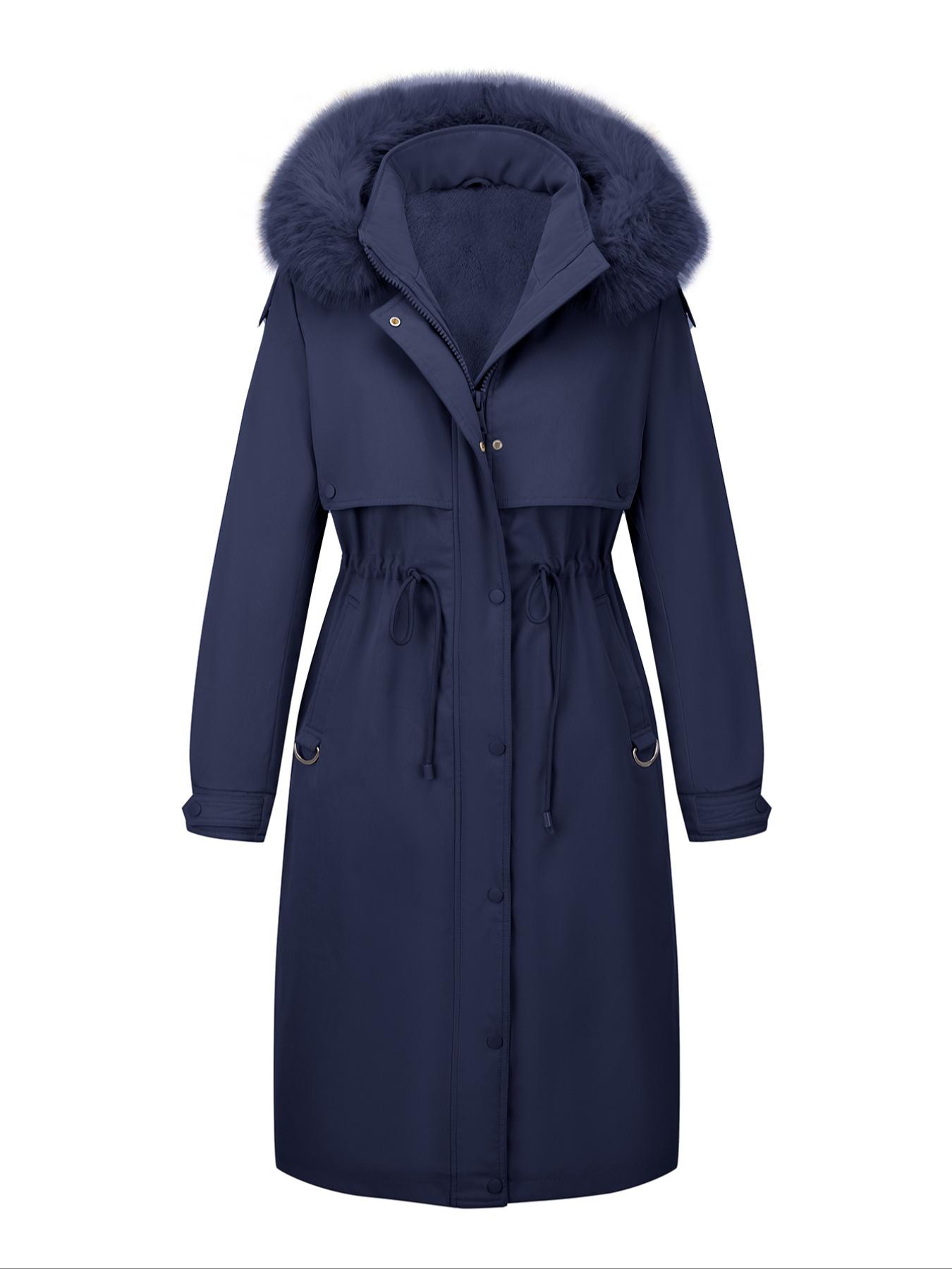 Women's Fall & Winter Faux Fur Hooded Coat, Long Drawstring Commuter Jacket, Casual Plain Design, Fitted Outerwear for Daily Wear