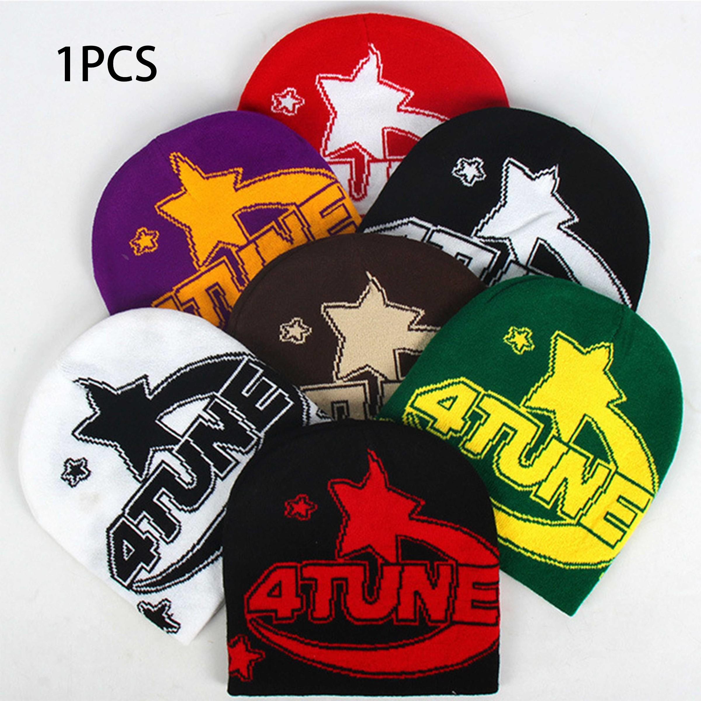 4tune Star Pattern Knit Beanie, Unisex Y2K Streetwear Skull Hat, Warm Skateboard Beanie, Perfect for Street Style, Winter, Daily Wear