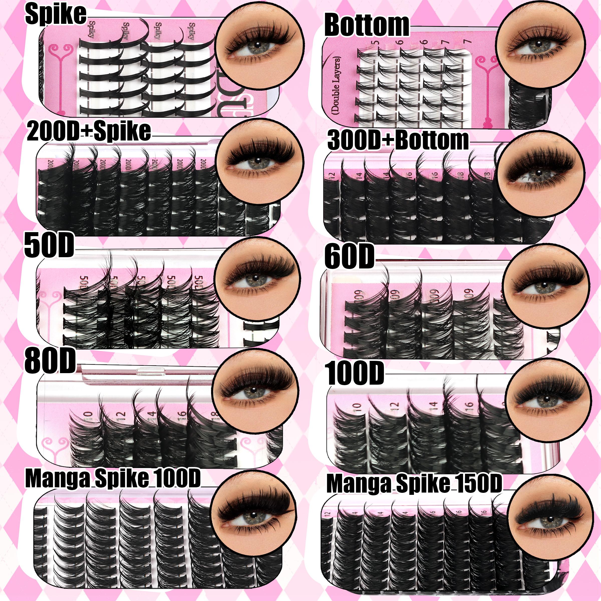 1488pcs Lash Cluster Kit, Individual Eyelash Kit, Home DIY Makeup Eyelash Extensions Set with 10 Styles (50D/60D/80D/100D/Bottom/Spike/Manga/Volume 5–20mm), D-Curl Cluster Eyelash Extension Kit with Lash Bond & Seal, Remover, Tweezers & Brush
