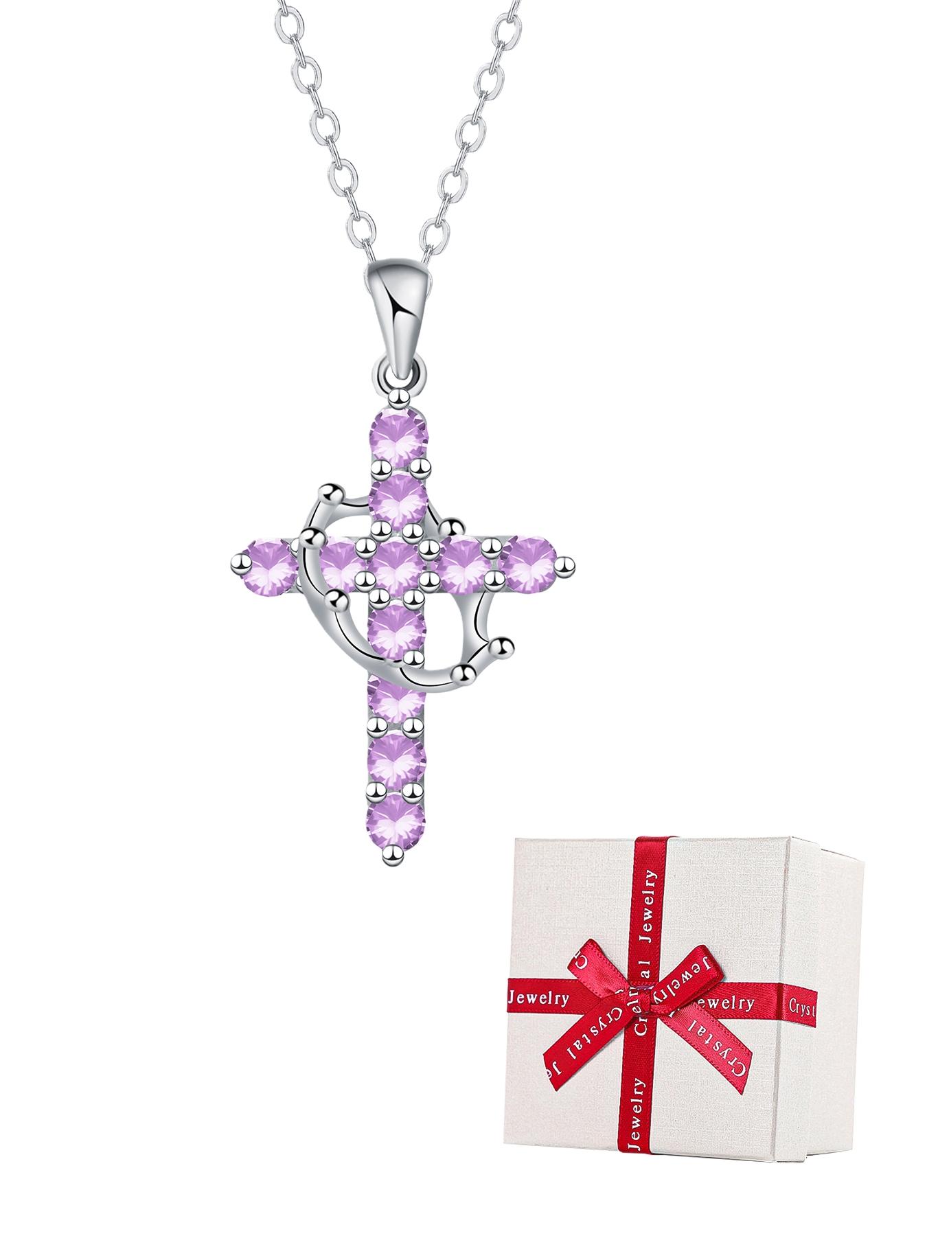 Women's Cz Birthstone Crown Cross Necklace Set, Colorful Fashion Pendant Exquisite Jewelry Gift Box, Christian Wife Mom Girlfriend Faith Present