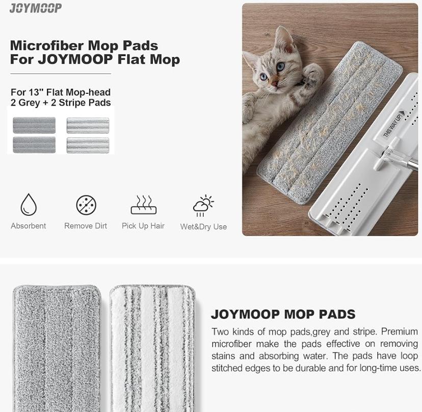 JOYMOOP 50“ Mop and Bucket with 3 Reusable Microfiber Pads Hands Free Flat Squeeze Mop with Wringer Set with Long Handle，White