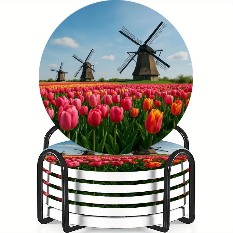 6-Piece Coaster Set Windmill Tulip Design Ceramic Non-Slip Heat Resistant for Coffee & Drinks Home Restaurant Decor Ideal Gift
