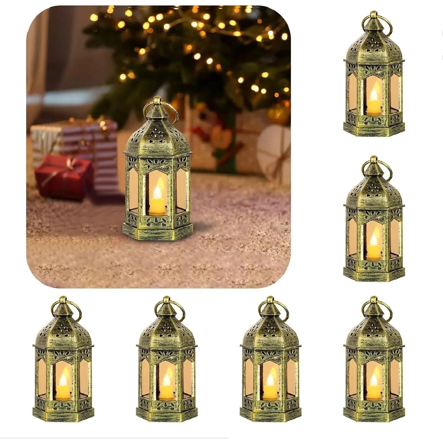 6 Pcs Gold Small Hanging LED Mini Decorative Lanterns for Indoor Wedding Party Table Centerpieces Ramadan Diwali Ganpati Enchanted Forest Decorations
