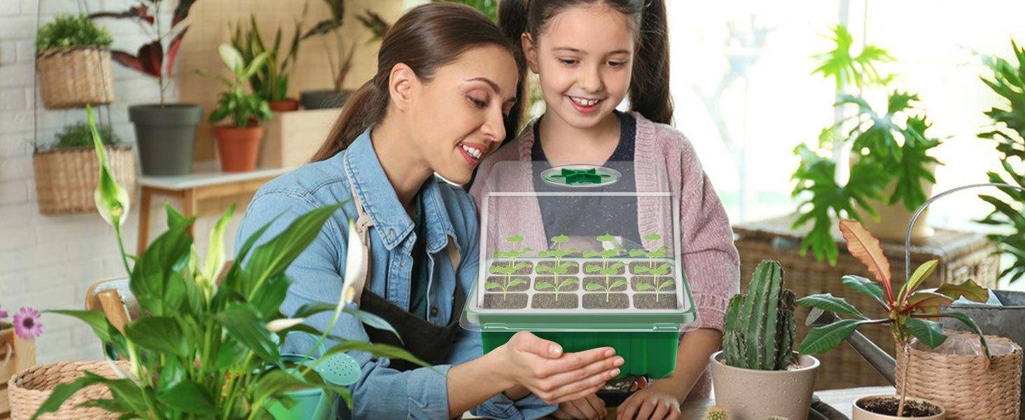 Plastic Seed Starter Tray Kit with Grow Light - 4 Pack 12-Cell Plant Trays, Humidity Domes, Base, Mini Greenhouse Propagator for Indoor Seed Germination, Vegetable Flower Cultivation