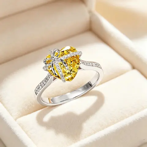 Women's Heart-Shaped Center Stone Bow-Knot Cross Statement Ring - Pave Accent Slim Band, Female Casual Everyday Costume Jewelry for Valentine, Christmas, Anniversary Gifts