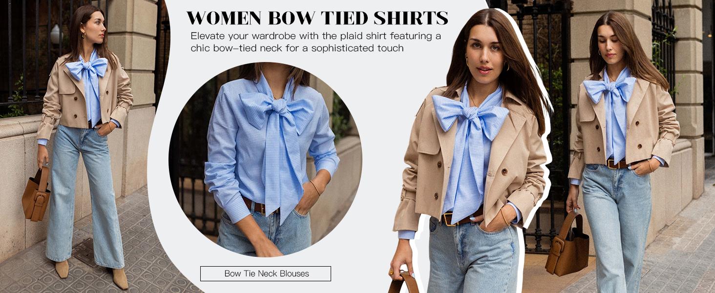 Cicy Bell  Women's Plaid Shirt with Bow Tied Neck Button Down Long Sleeve Fitted Casual Dressy Blouse Tops in Brown for Any Occasions Elegant Womenswear Valentine's Day