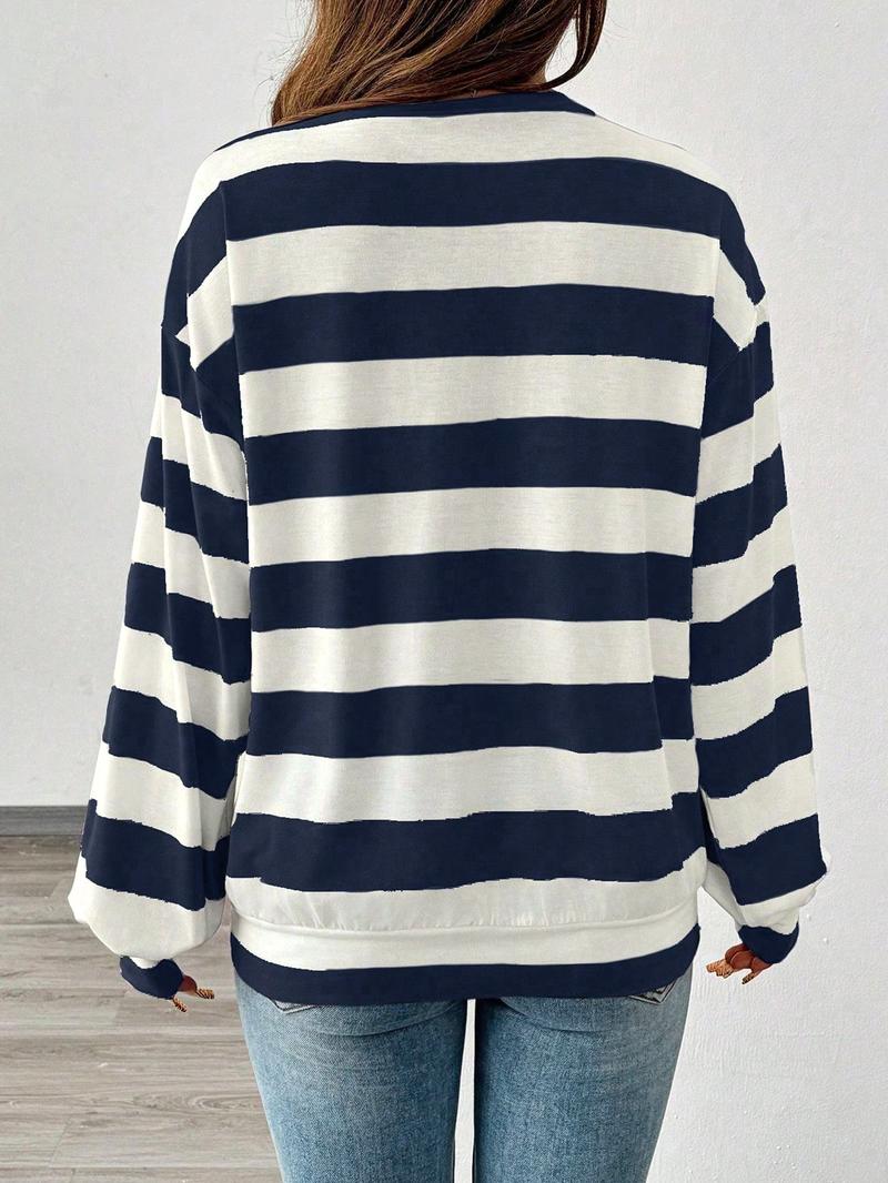 Women's Loose-Fit Striped Round Neck T-Shirt, Casual Comfort Top for Fall & Winter