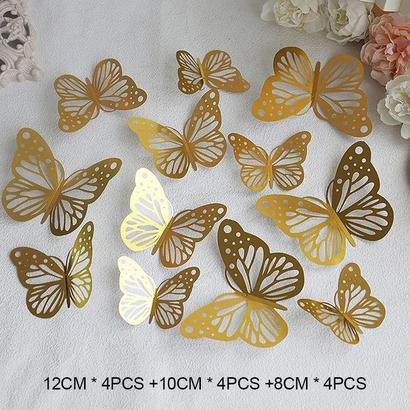 12pcs/set Folding Rose Gold Butterfly Cake Toppers Illusion Butterflies Holiday Party Decoration Supplies