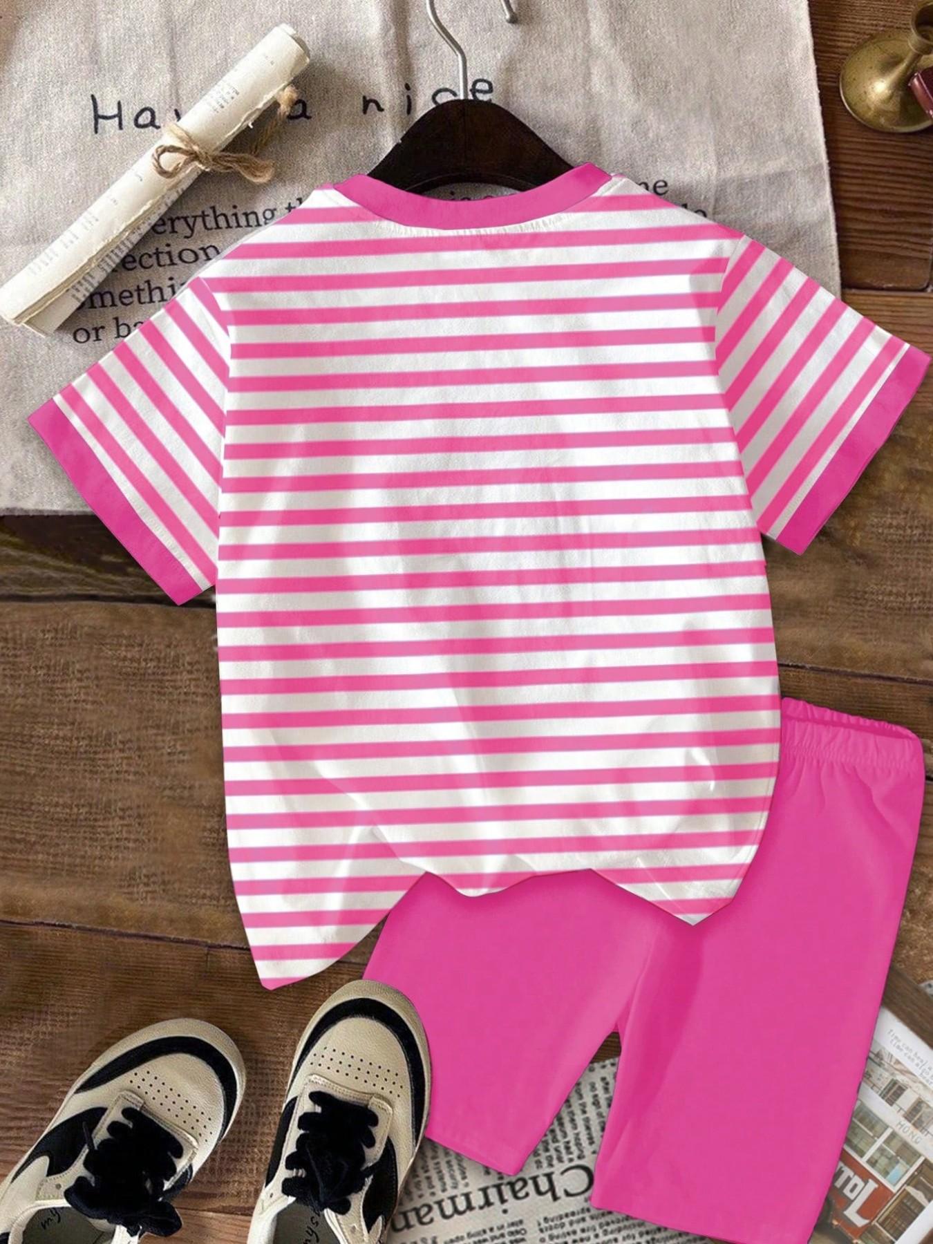 Girls' 2-Piece Set Summer, Striped Heart Print T-Shirt & Shorts, Casual Everyday Wear, Perfect for Parties & Holidays