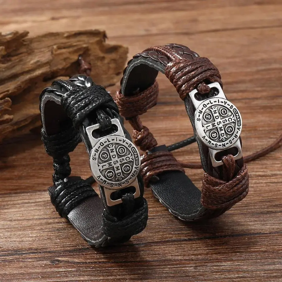 Vintage Handmade Braided Leather Bracelets For Men Myth Cross Scripture Retro Lace-Up Punk Style Leather Bracelet Accessory Gift