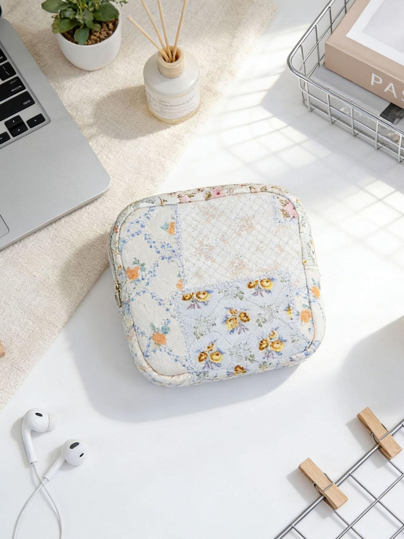 Bow Embroidery Quilted Makeup Bag, Small Portable Cosmetic Pouch for Women, ONLY 1 PC
