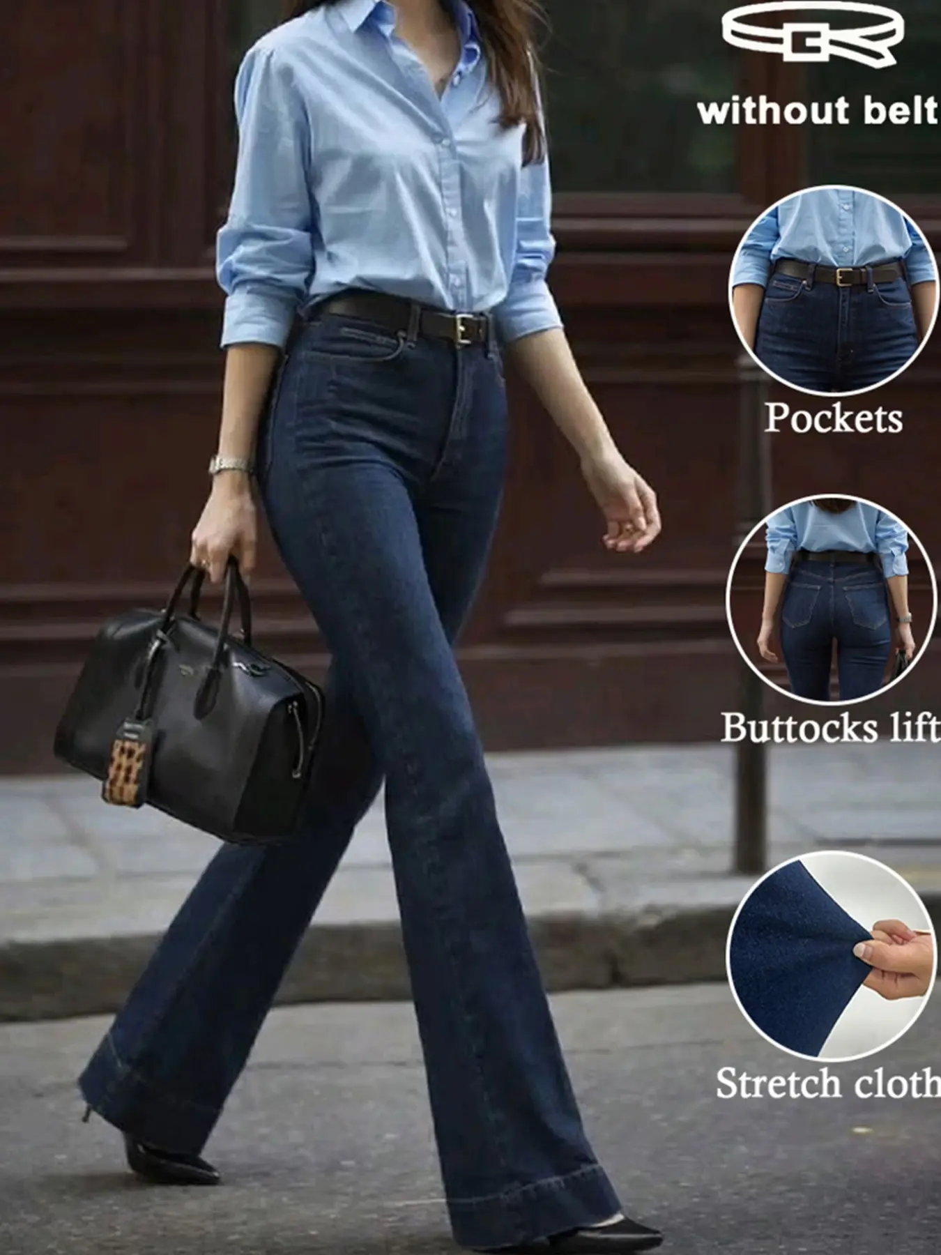 Women's High-Waisted Tight Fit Micro Flare Jeans, Colorblock Contrast Stitching, Five Pockets, Stretchy, Elevate Your Height, Casual Office Wear