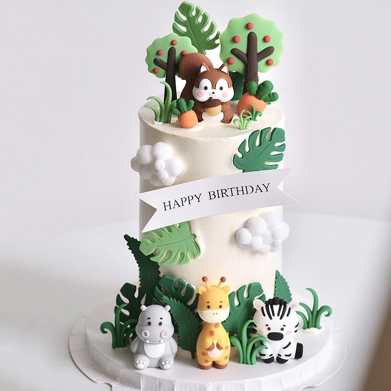 Animal System Forest Theme Kids Boy Birthday Cake Decorations, Cartoon Animals Zebra Hippo Squirrel Monkey Rabbit Elephant Baby Birthday Insert, Home Ornament