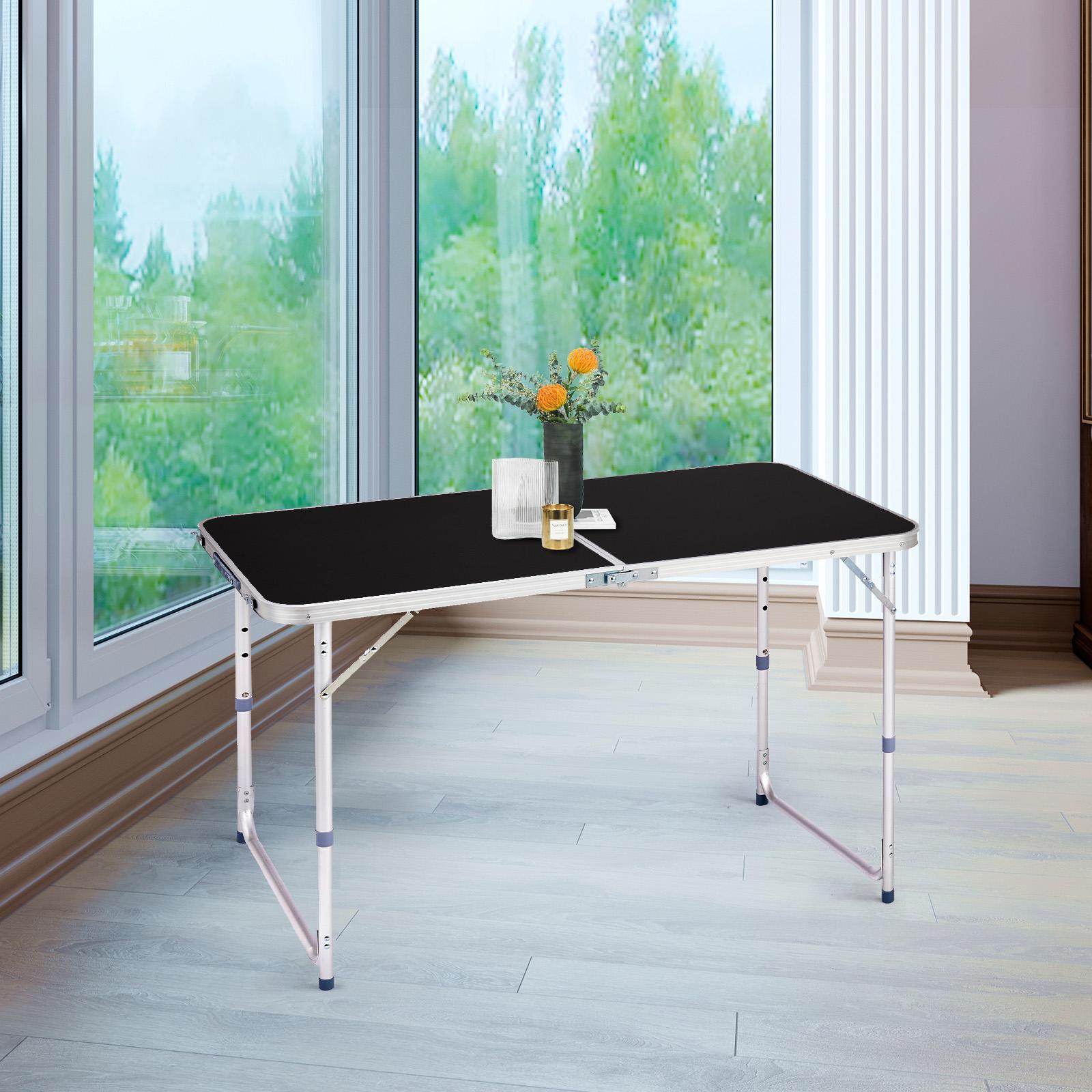 Folding Table 4 Foot Portable Heavy Duty Plastic Fold-in-Half Utility Table Small Indoor Outdoor Adjustable Height Folding with Carrying Handle, Camping and Party, Black
