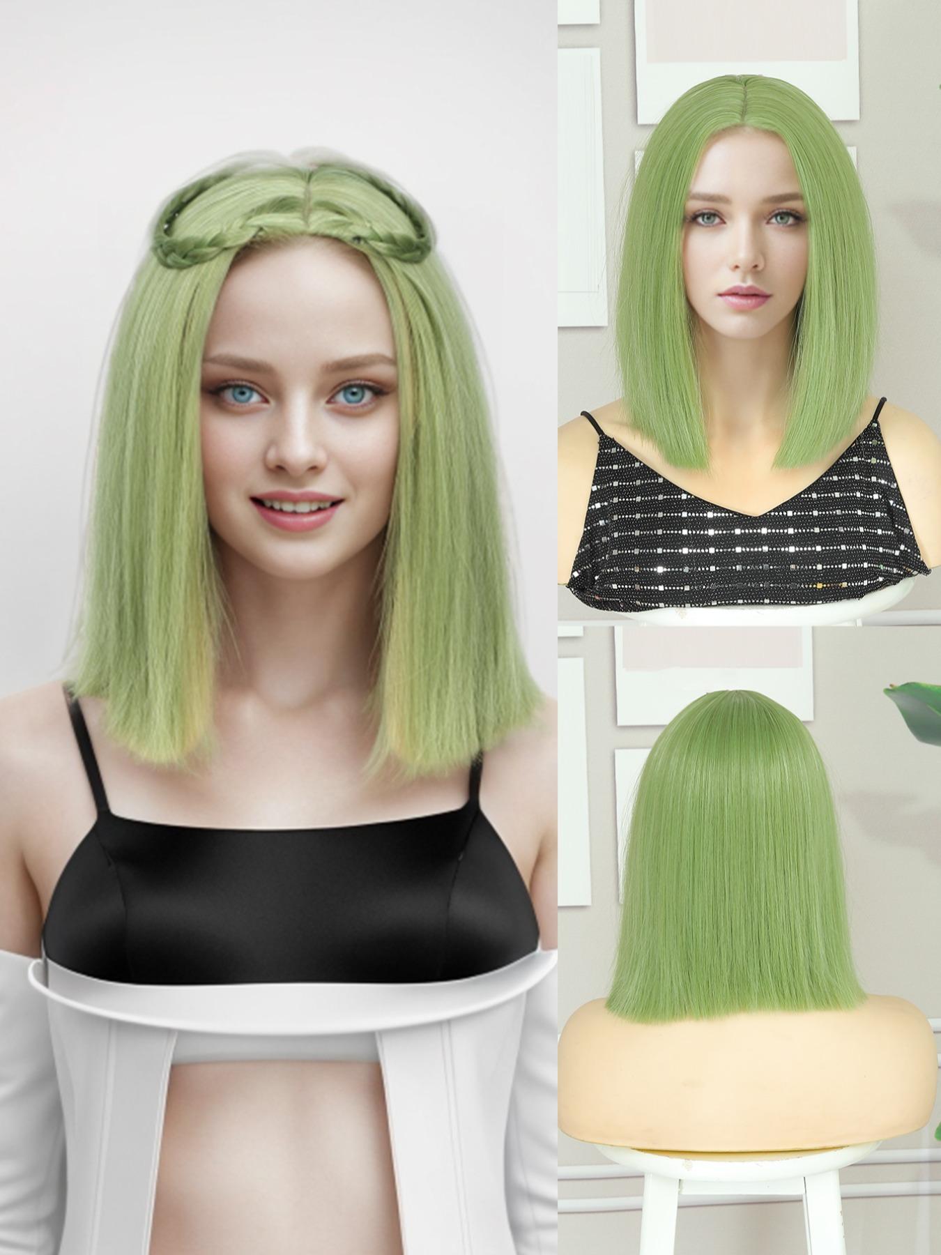 Cosplay Wig Hot pink Green Pink Black 12inch  Synthetic Hair Wig high temperature short Hair for women Middle part straight hair wig holiday Daily Fashion Style Synthetic Hair wig Woven hair wig for Halloween and Christmas