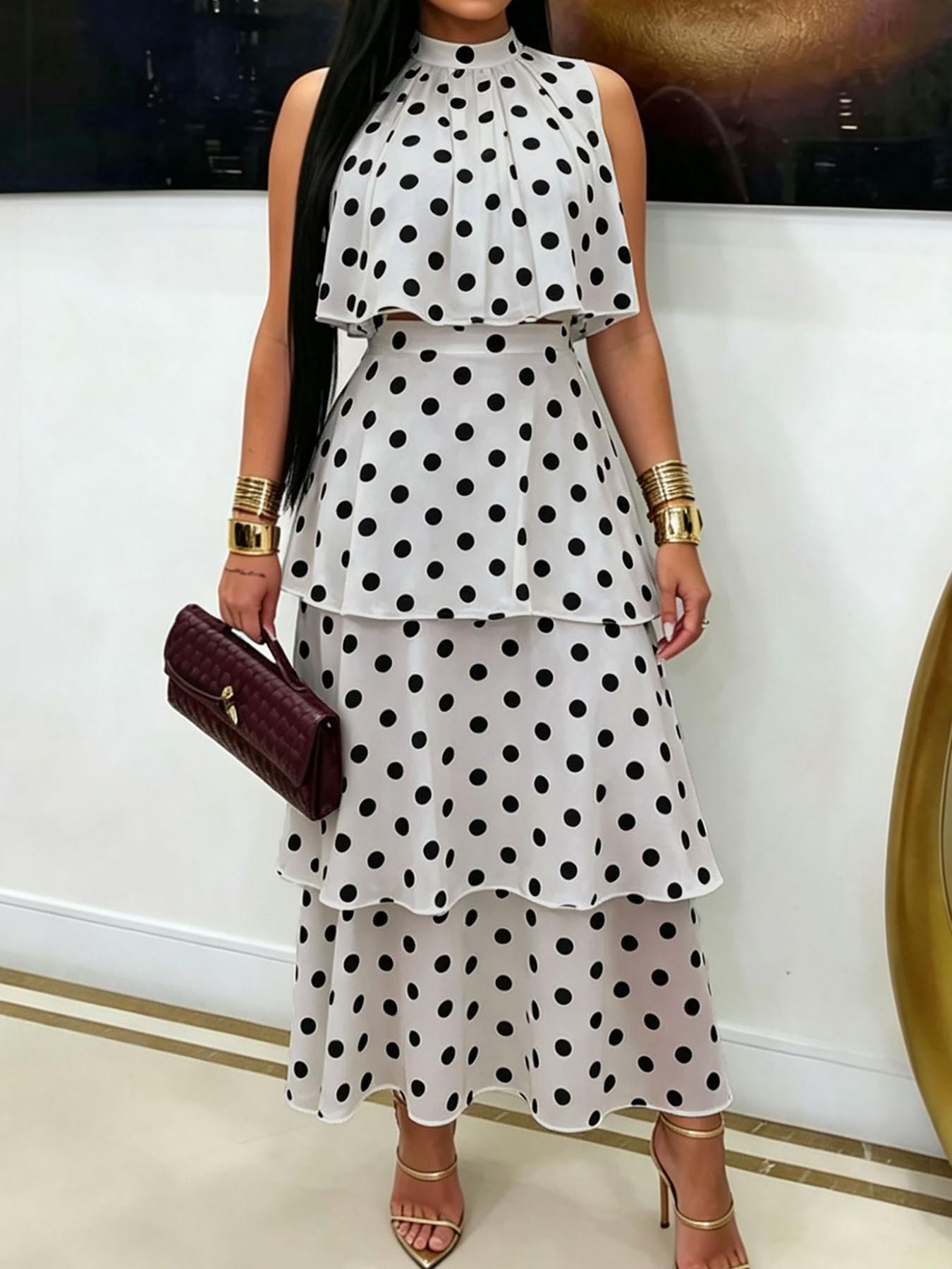 Fashionable chic women's polka dot two-piece dress set, high-waisted fitted sleeveless long dress, party-dating layered two-piece dress, elegant formal two-piece long dress for business gatherings, Dresses for party