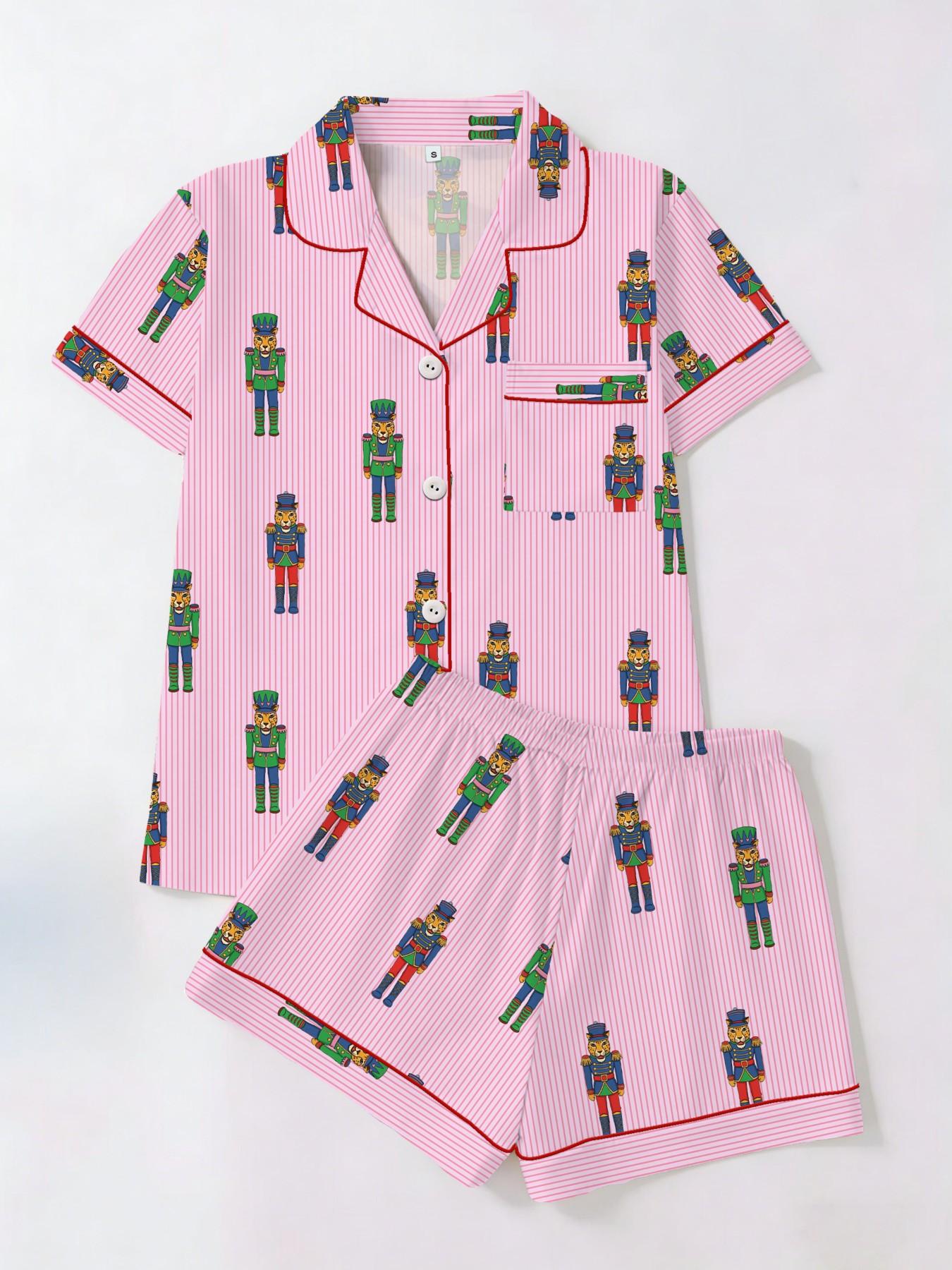 Women's Short Sleeve Button Down Top and Shorts Pajama Set, Spring Summer Wear, For Nutcracker Fairy Tale Lovers, Pink Stripe Colorful Nutcracker Soldier Print, Classic Lapel Collar, Loose Fit, Comfortable For Home & Holiday Gatherings