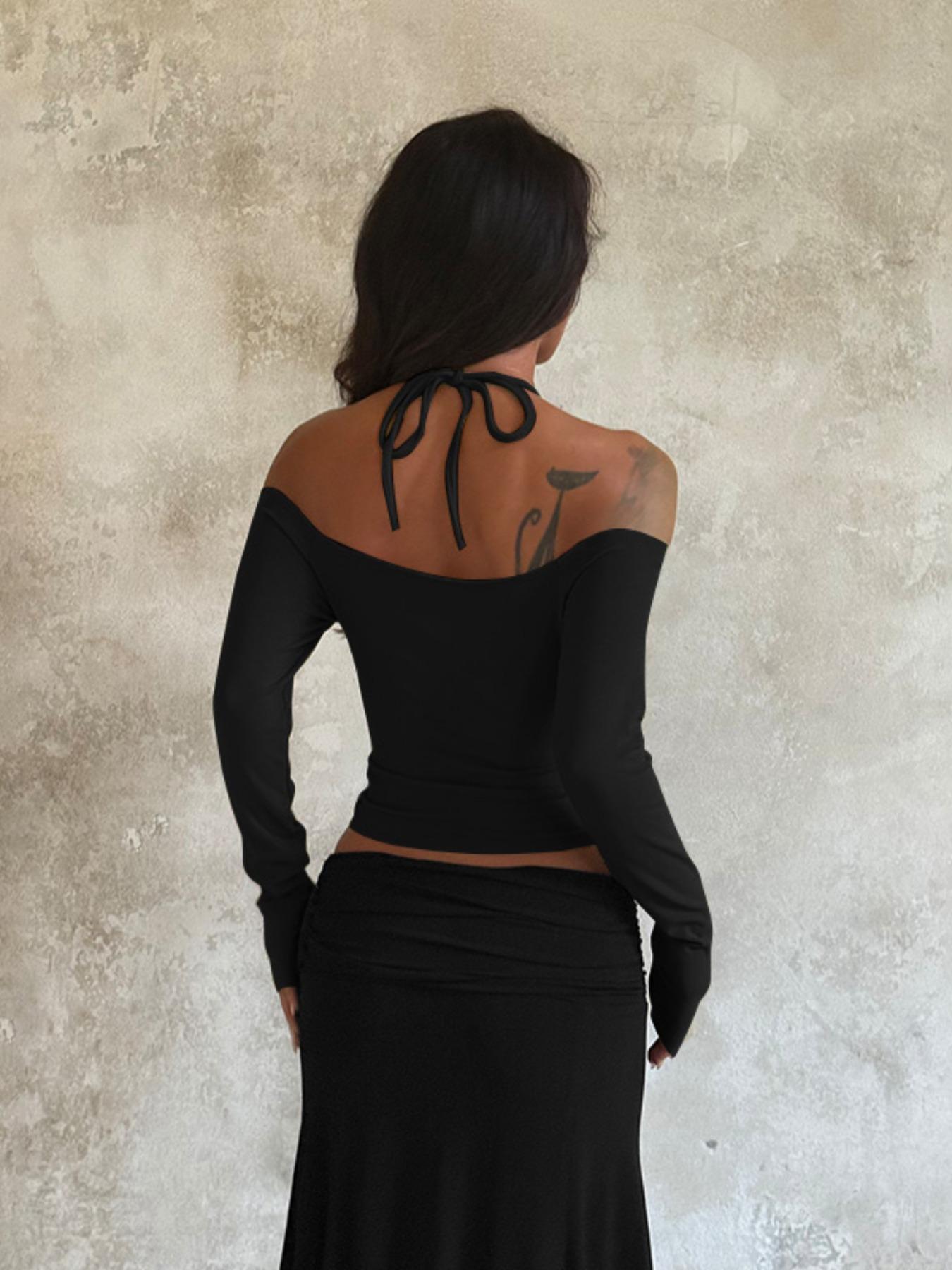 Women's One Shoulder Long Sleeve Top, Casual American Style Basic Shirt, Plain Design, Perfect for Daily Wear & Layering