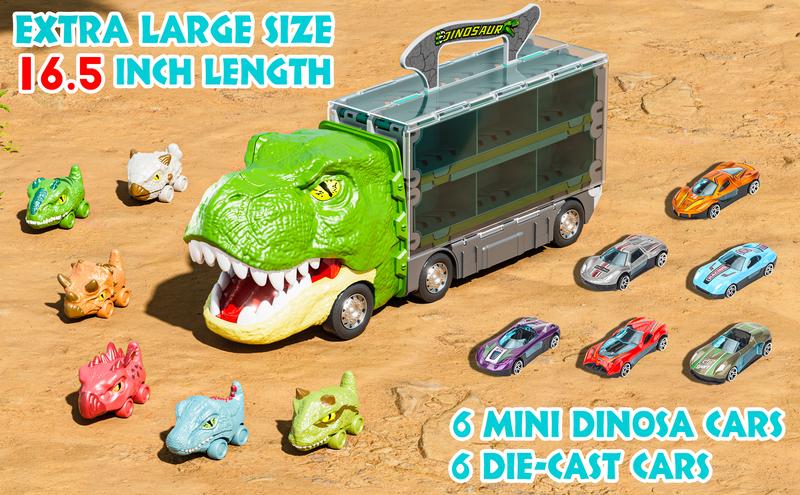 Dinosaur Truck Toys Princess car Unicorn car for Birthday Gift Idea, 2 Player Race Mode, Transport Carrier Toddler Toys for Kids, 63 Inch Foldable Race Track with 6 Dino Cars & 6 Die-cast Cars Durable Safety, kids christmas gifts