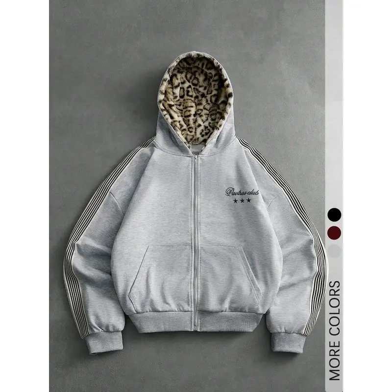Men's Fashionable Aesthetic Zip-Up Hooded Casual Jacket, Street-Style Leopard Print Plush Lining, Striped Sleeves, Embroidered Loose-Fitting Warm Sweatshirt, Suitable for Everyday Skateboarding and Outdoor Wear.