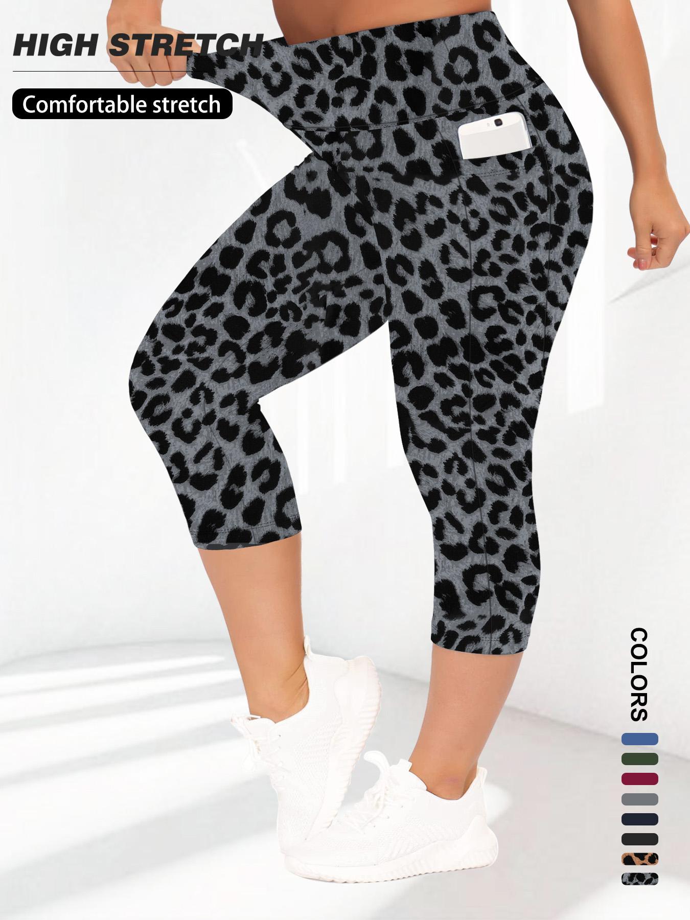 【Plus Size】 Solid/Leopard Pattern High Waist Pocket Capri Leggings, Casual Comfy Skinny Capri Pants for Daily Wear, Women's Bottoms for Summer