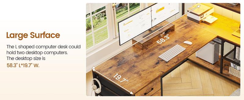 SEDETA 58-Inch L-Shaped Computer Desk with Storage, LED L-Shaped Gaming Desk with Storagefor Home Office Furniture Gaming