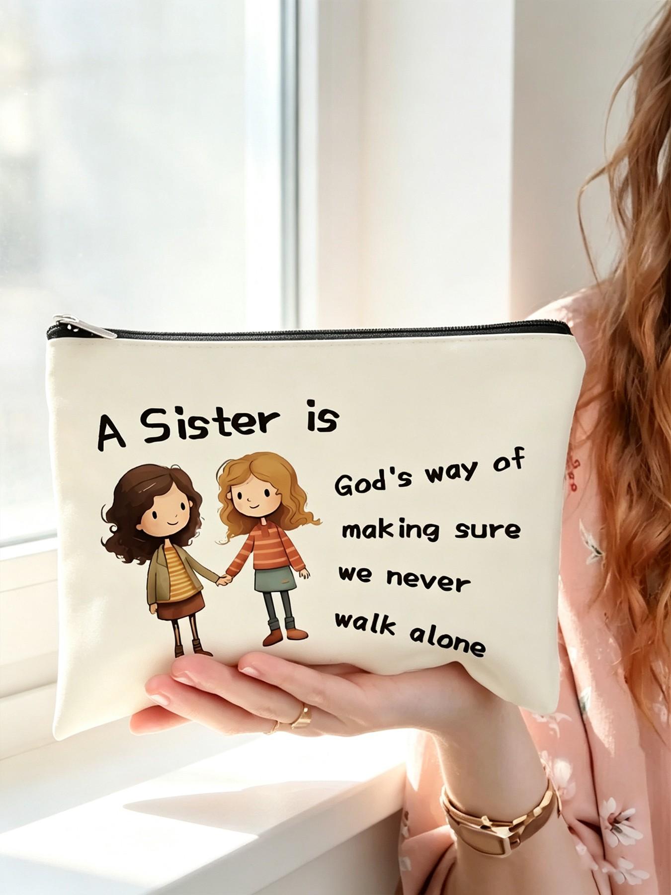 Warm Friend Theme Canvas Makeup Bag, Cartoon Sister Illustration, Zipper, Durable Fabric, Ideal for Daily Use and Travel Gifts