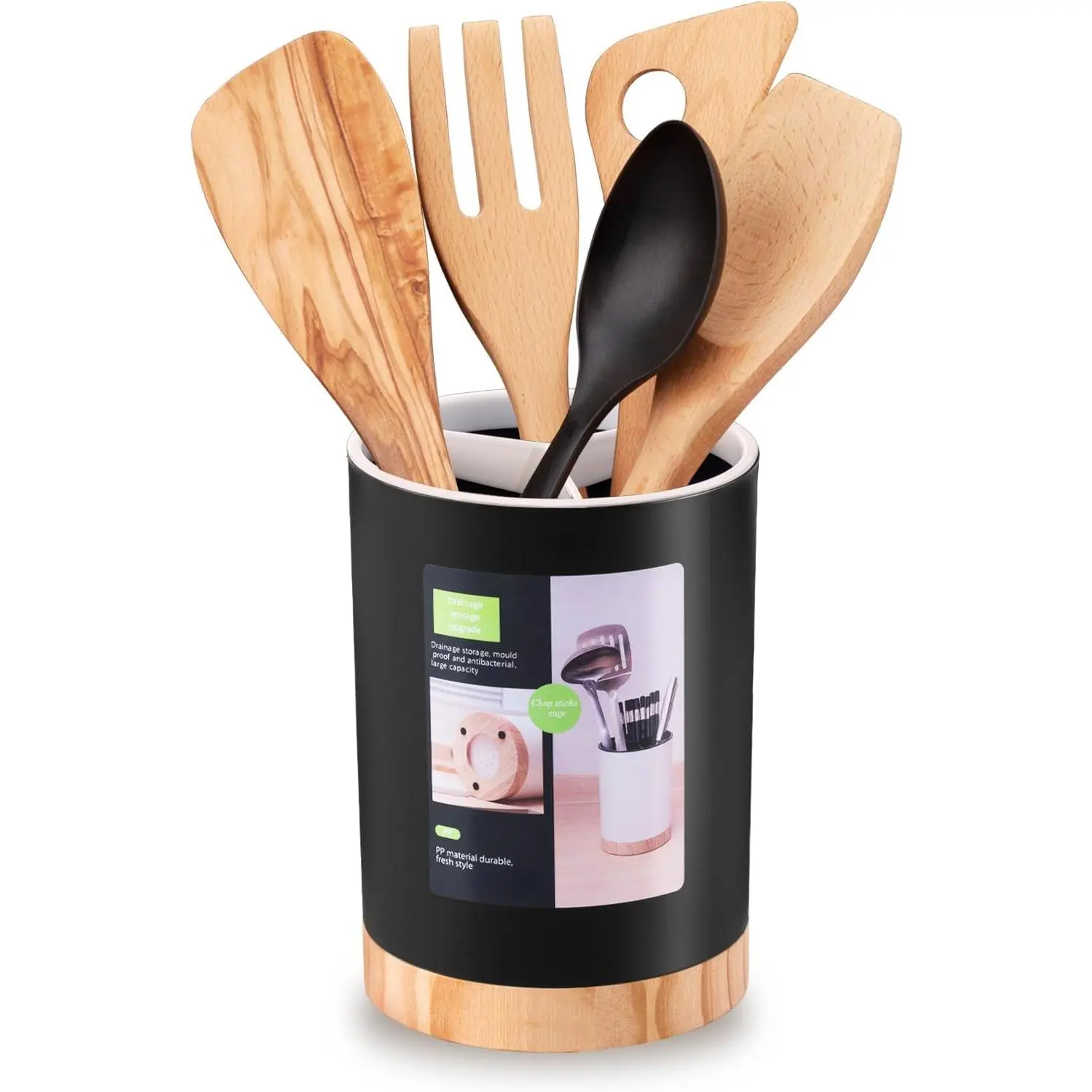 Kitchen Utensil Holder Tableware Storage Bucket, Spoon Chopsticks Fork Drain Rack Utensil Crock for Counter, Household 3-Format Tableware Drainer with Removable Divider and Wooden Base