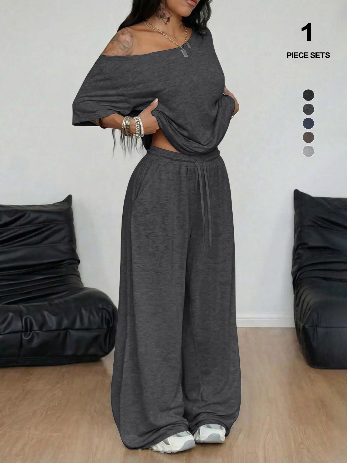 Women's 2-Piece Lounge Set, Off-Shoulder Oversized Top & Wide-Leg Pants, Soft Comfortable Drawstring Loungewear for All Seasons