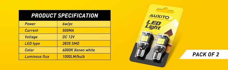 AUXITO 912 921 LED Bulb for Backup Light Reverse Lights High Power 2835 15-SMD Chipsets Error Free T15 906 922 W16W Bulbs, 6000K White Daytime Running Lights (Upgraded, Pack of 2)