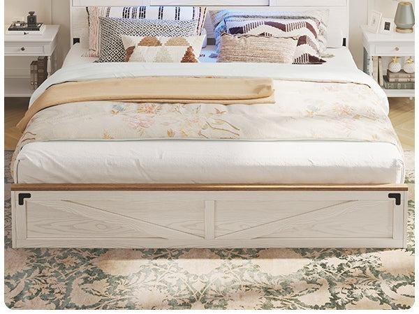 Sikaic LED Farmhouse Wooden Platform Bed Frame With Charging Station 2 Drawers & Storage Headboard Sliding Barn Door White Furniture Modern Bedroom Set Bedframes