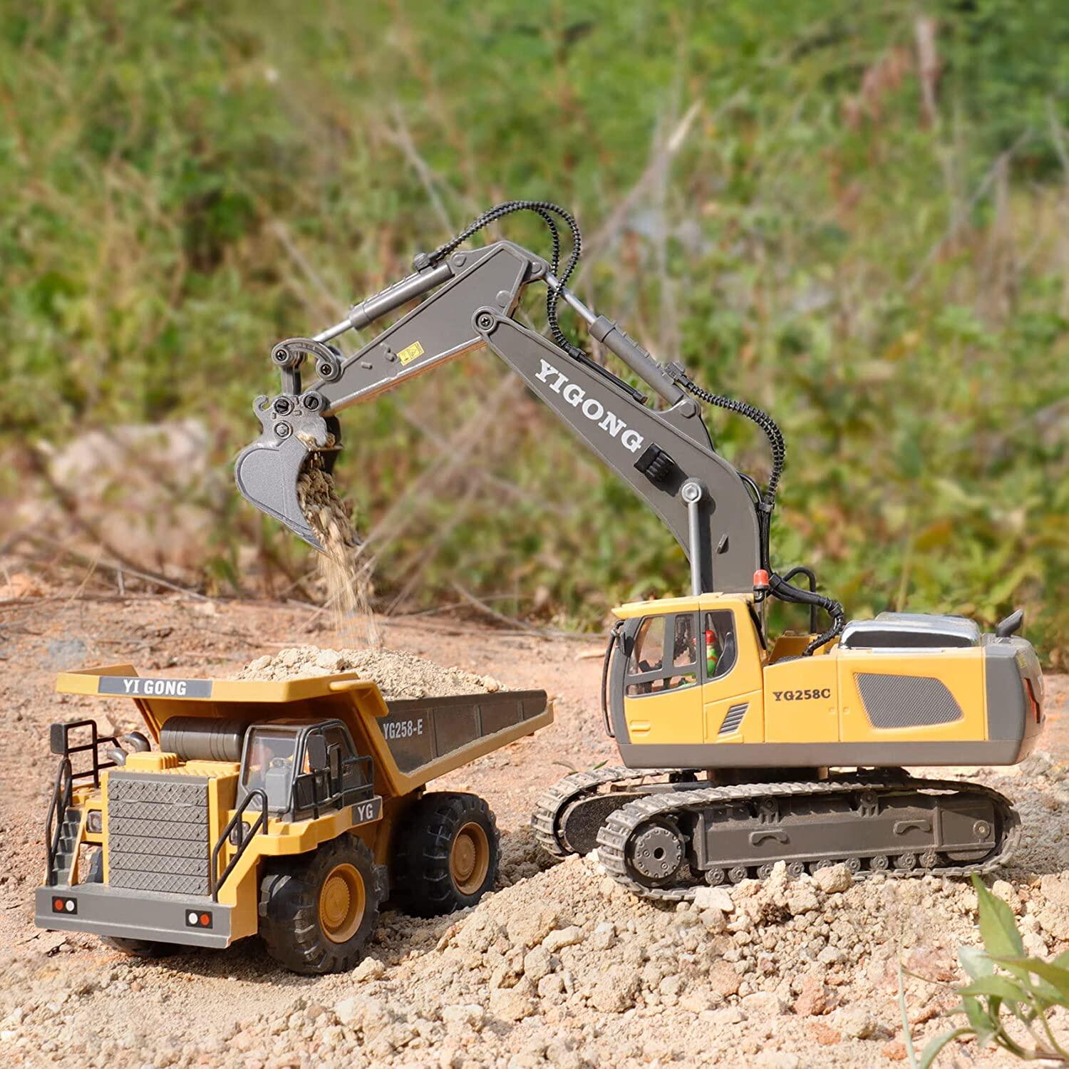 Alloy 2.4G 11/9 CH Remote Control Excavator RC Model Car Toys Dump Truck Bulldozer Engineering Vehicle With Led Lights Music,Christmas Birthday Gifts Engineering Car Children Electric Toy