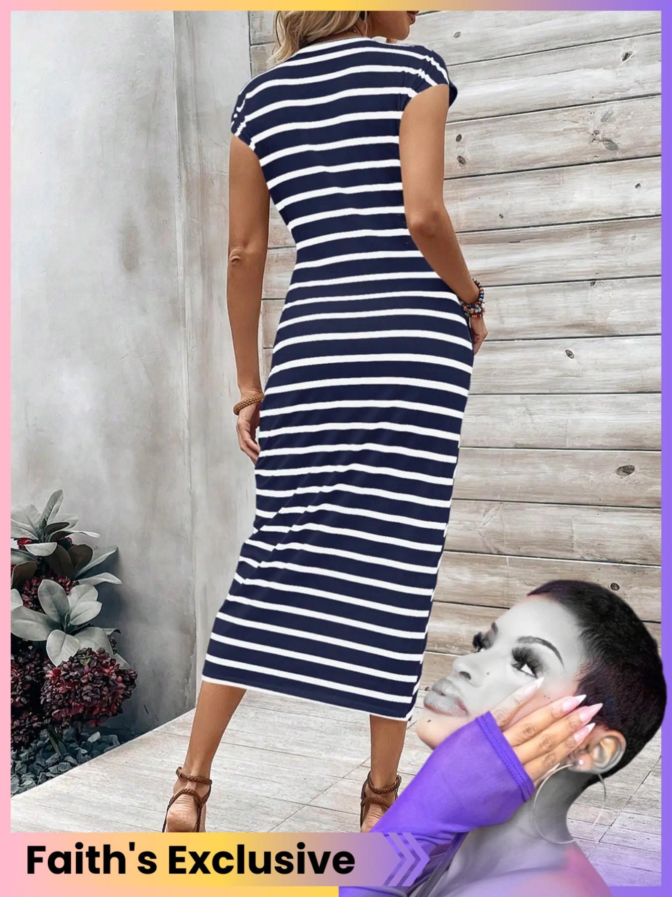 Women's Striped Print Knot Bodycon Dress, Summer Outfits 2024, Elegant Drop Shoulder Short Sleeve Long Dress for Summer, Sundress Maxi Dress, Frenchy Style Ladies Clothes for Beach Holiday
