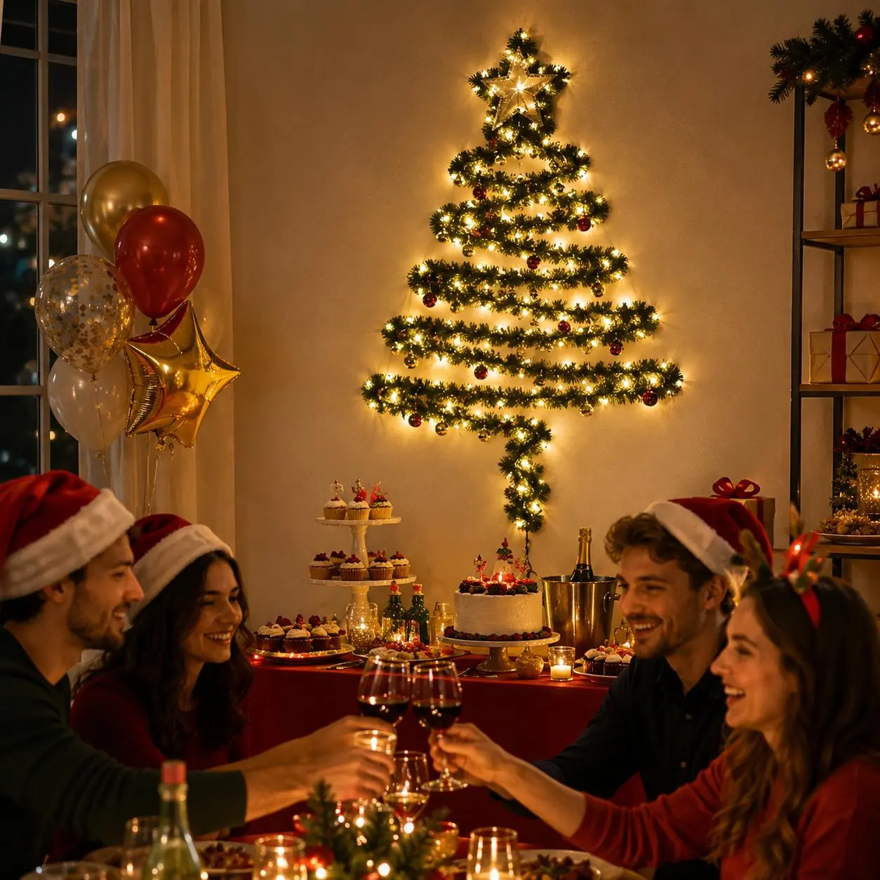 Christmas Garland Lights, DIY Wall Christmas Tree Warm White LED Decor, Battery Powered Pine Garland for Wall Staircase Bedroom Living Room