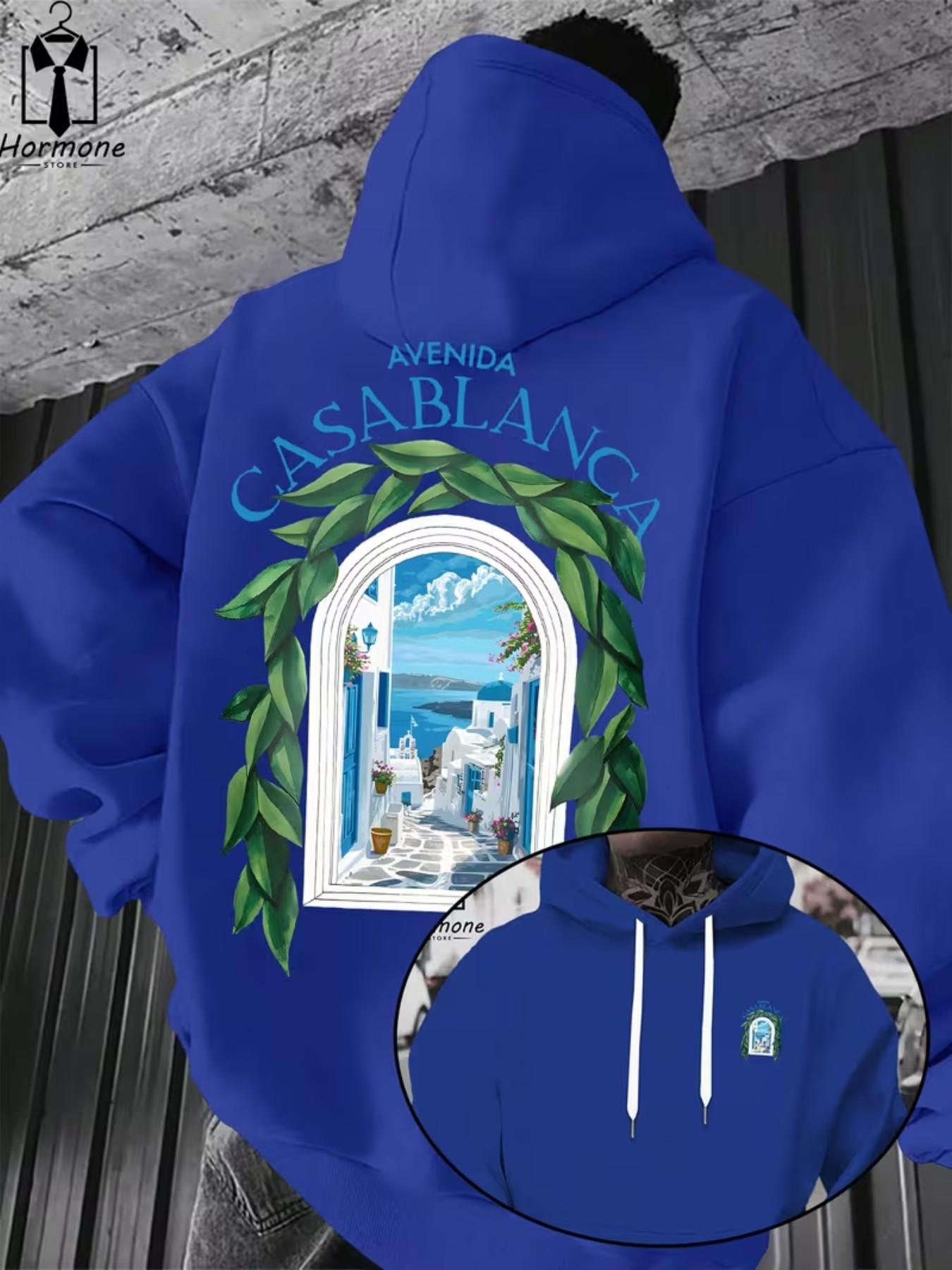 Men's Casual Hooded Sweatshirt, Avenida Casablanca Text & Landscape Print, Spring Fall Warm Pullover, Kangaroo Pocket Design